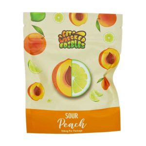 Sour peach marijuana gummies by Get Wrecked Edibles. 150mg THC weed edibles for sale online in Canada from mail order marijuana shop Bud Express Now.
