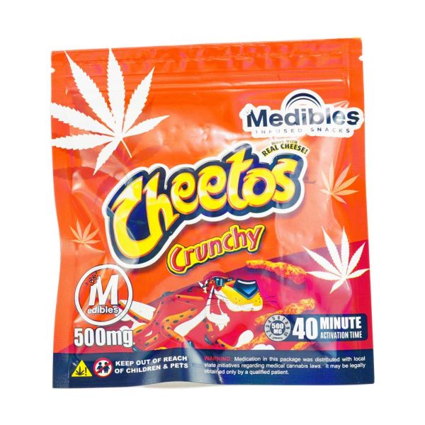 Edible weed from Medibles edibles Canada front. Cheetos Crunchy 500mg THC weed candy. edibles canada. weed edibles. marijuana edibles canada.