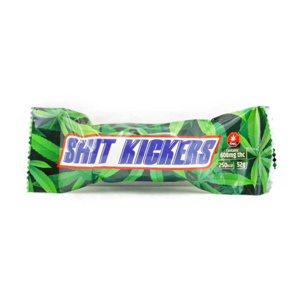 Front label of Shit Kickers weed chocolate THC edibles. thc chocolate. chocolate bar edibles. chocolate edibles. weed chocolate bar.