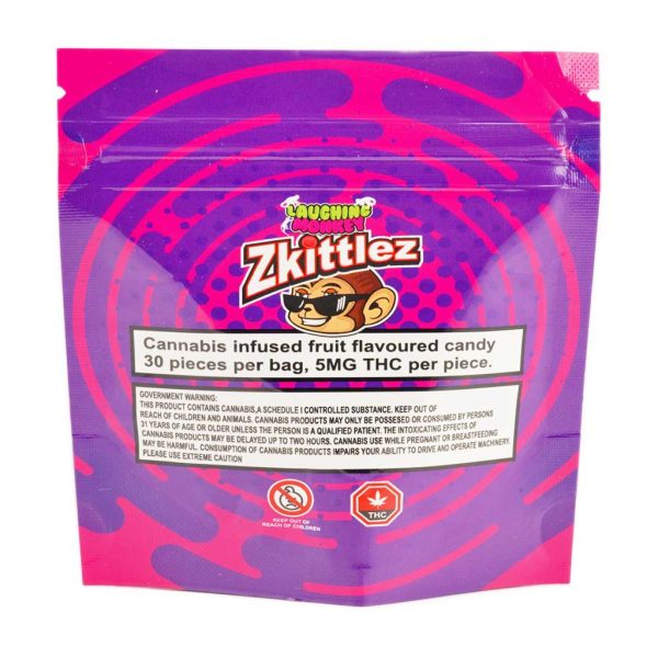 Laughing Monkey Tangy Tropical Zkittlez back of package. thc edibles. buy edibles online. edible weed candy.