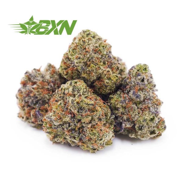 A mix of green, orange, and purple marijuana buds